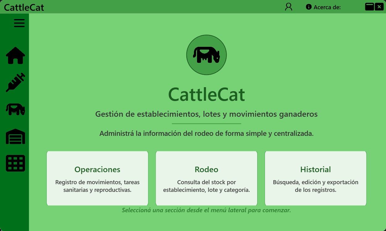Pantalla de inicio de CattleCat con accesos a operaciones, rodeo e historial.