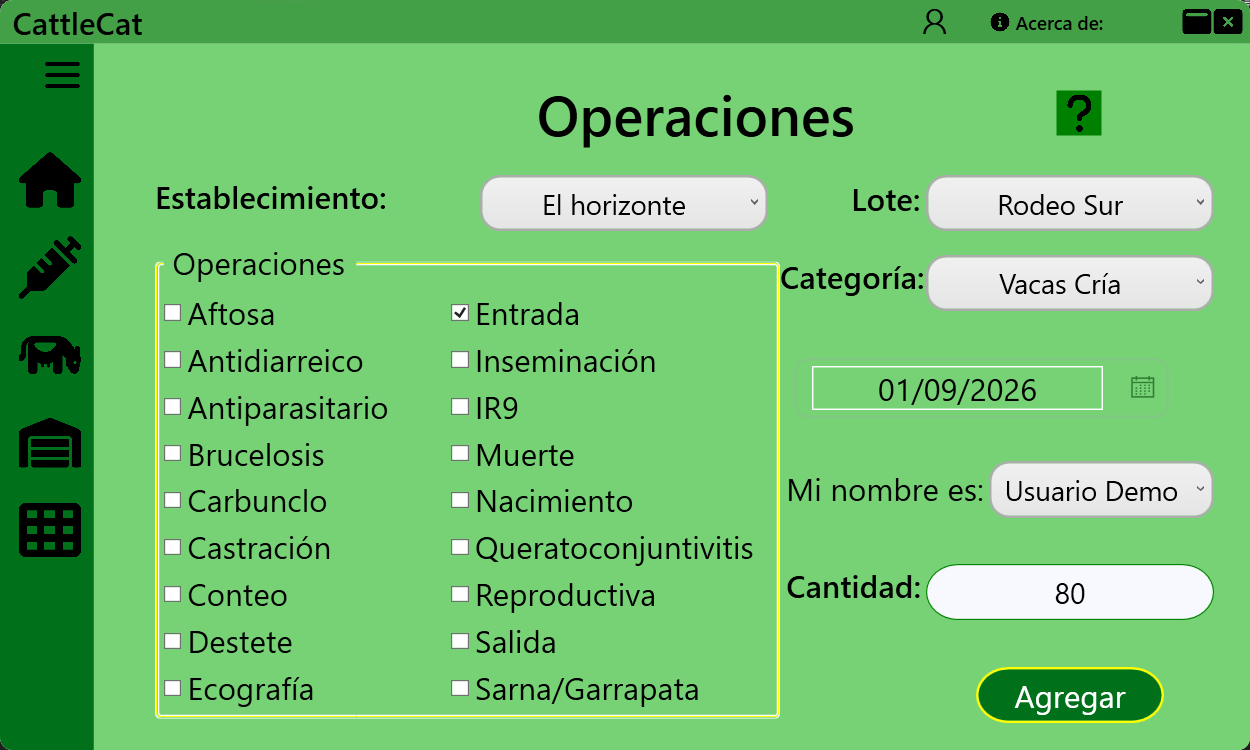 Formulario para registrar operaciones ganaderas por establecimiento, lote y categoría.
