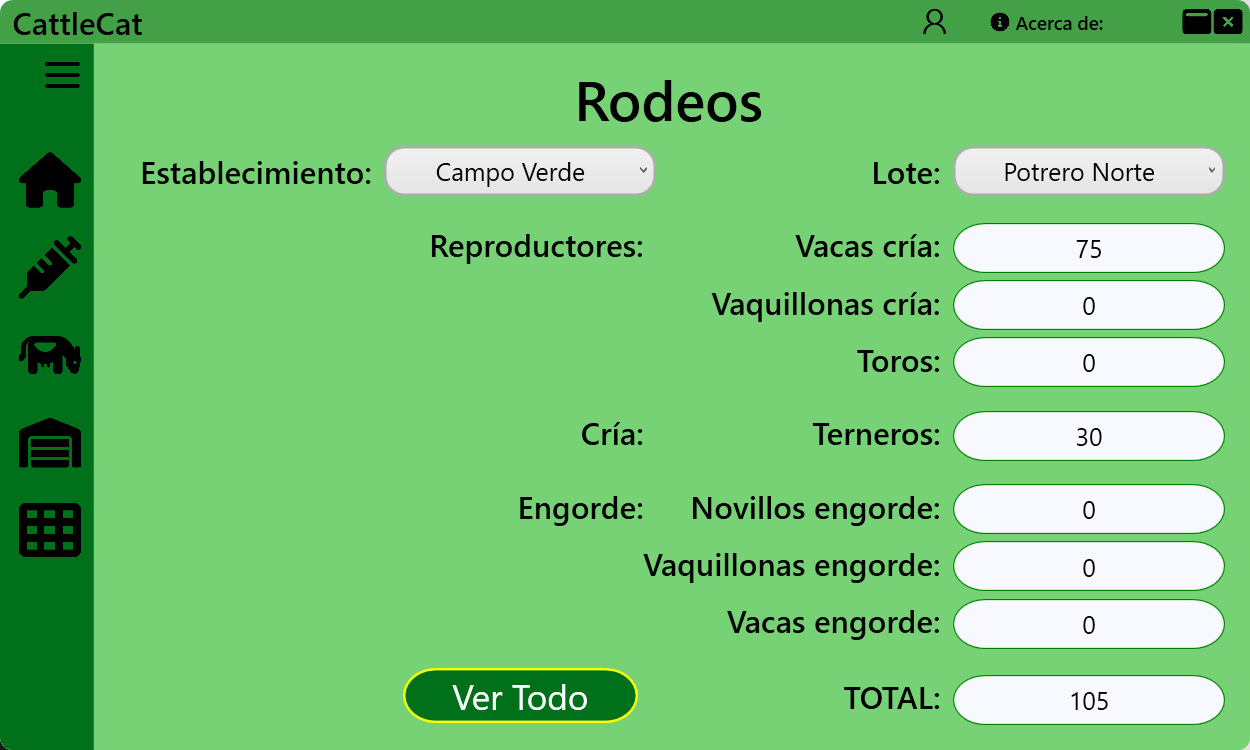 Existencias ganaderas por establecimiento, lote y categoría, con total de animales.