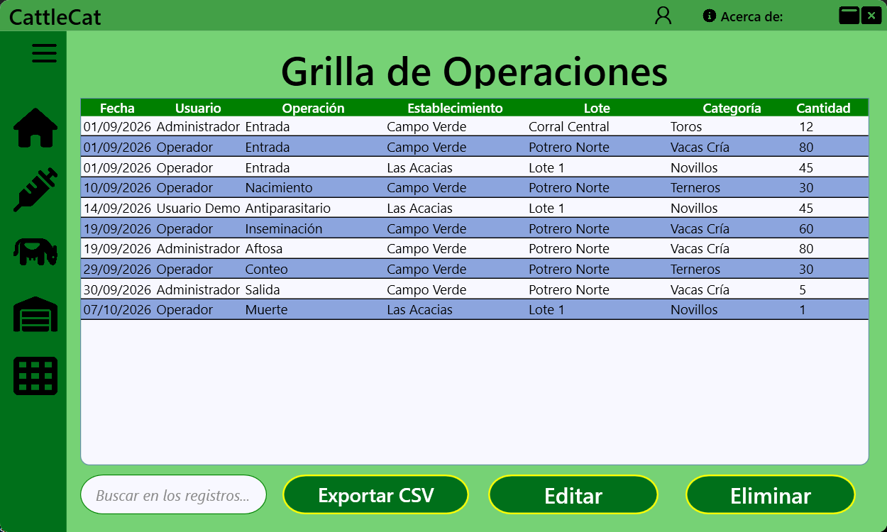 Historial de operaciones ganaderas con búsqueda y exportación de registros.