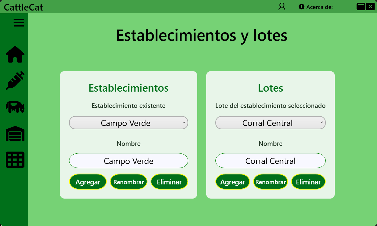 Pantalla de gestión de establecimientos ganaderos y sus lotes.