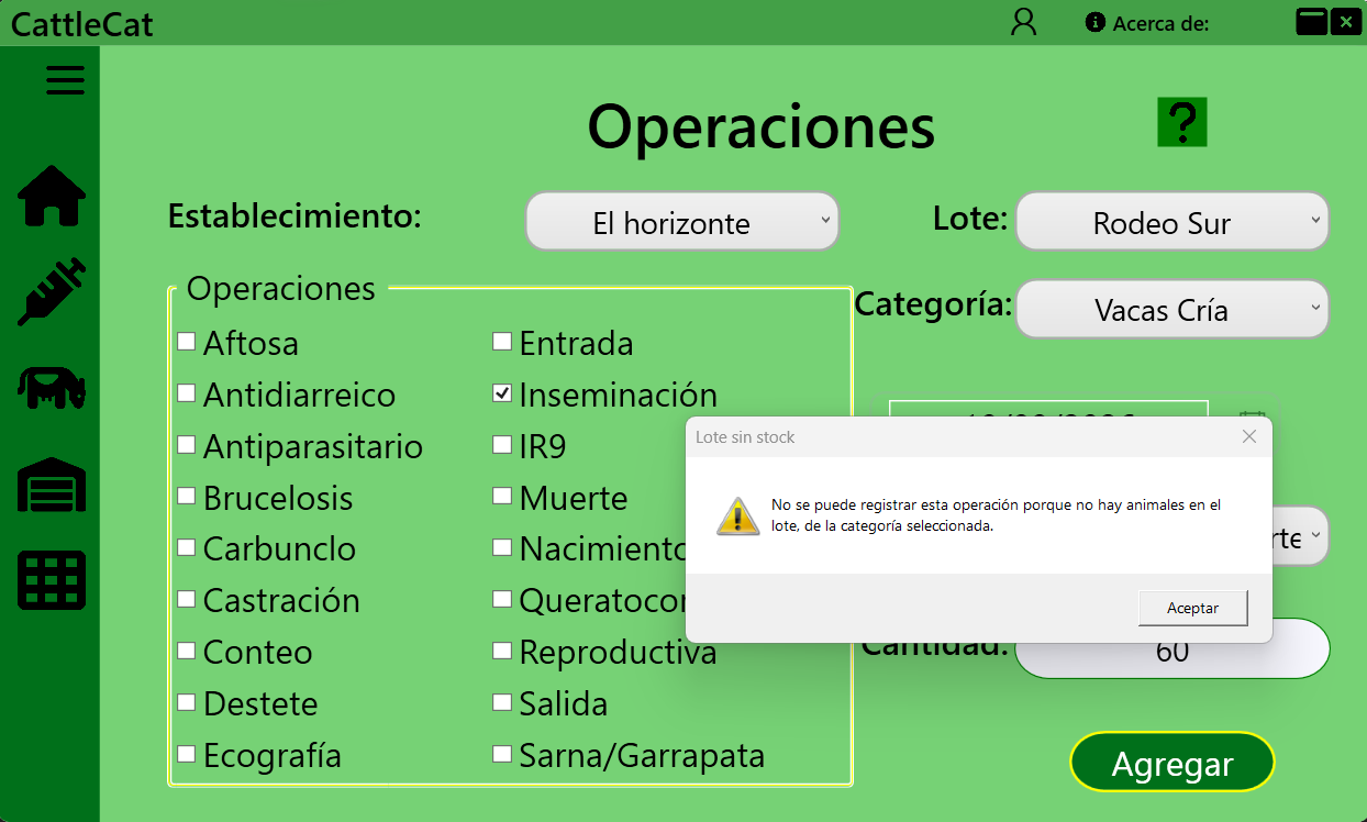 Aviso que impide registrar una operación sin animales disponibles en el lote y la categoría seleccionados.